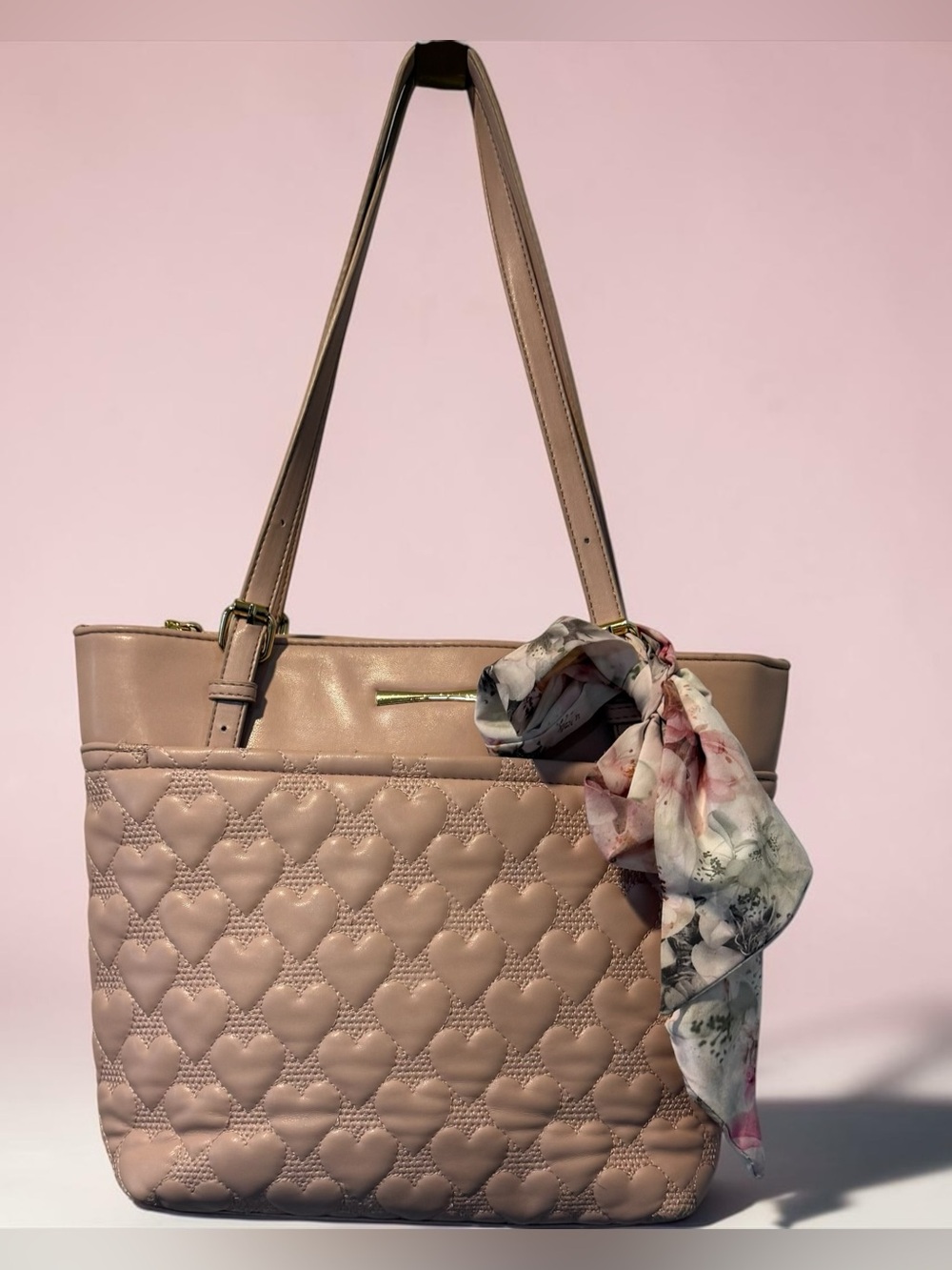 Betsey Johnson Blush Pink Heart Quilted Tote Bag Floral Scarf Purse Coquette